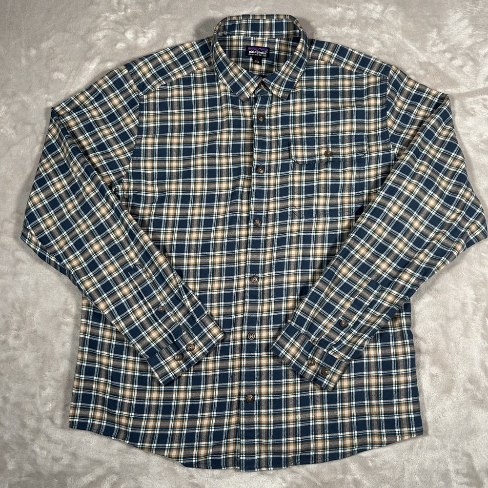 Patagonia Fjord Flannel Shirt Mens L Plaid Brown Blue Long Sleeve Organic 42410 - Picture 4 of 16